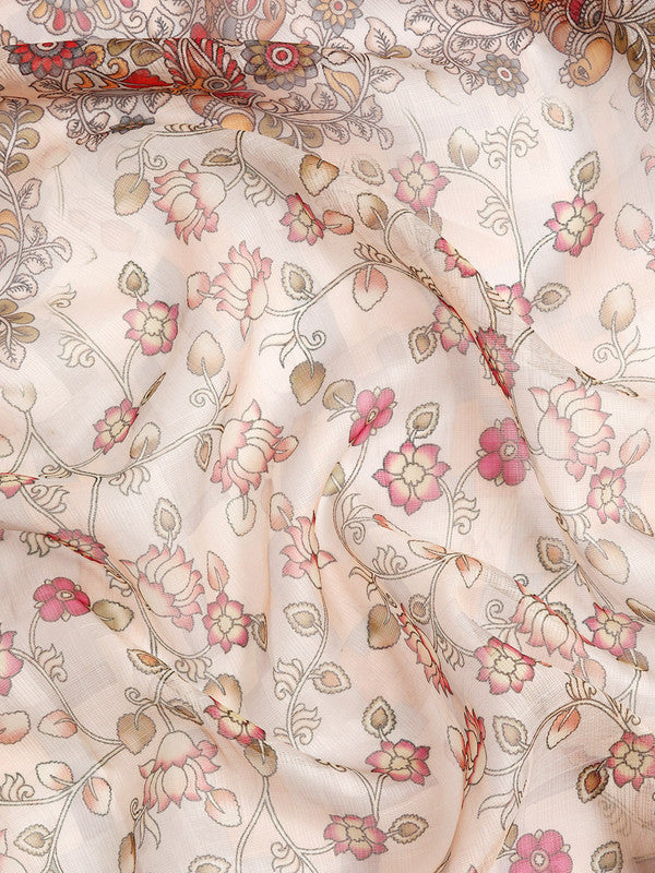 Beige Munga Silk Digital Print Floral Saree with Unstitched Blouse - Hiral Fashion | Swadesiicart