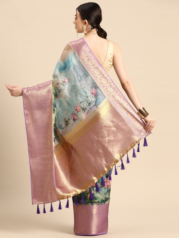 Multicolor Munga Silk Digital Print Floral Saree with Unstitched Blouse - Hiral Fashion | Swadesiicart