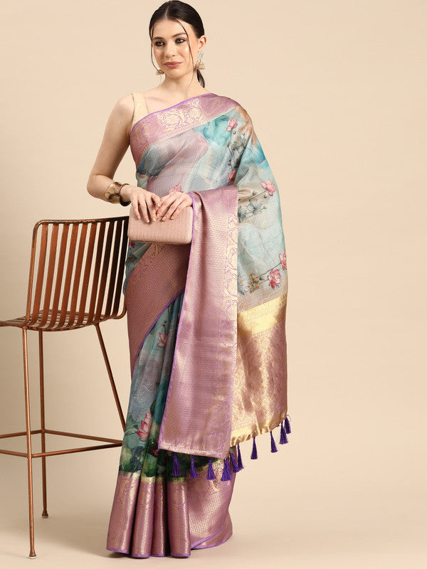 Multicolor Munga Silk Digital Print Floral Saree with Unstitched Blouse - Hiral Fashion | Swadesiicart