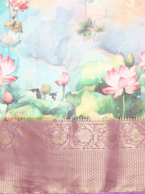 Multicolor Munga Silk Digital Print Floral Saree with Unstitched Blouse - Hiral Fashion | Swadesiicart