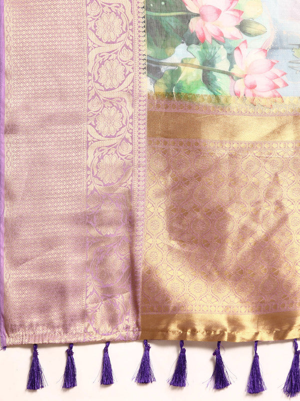 Multicolor Munga Silk Digital Print Floral Saree with Unstitched Blouse - Hiral Fashion | Swadesiicart