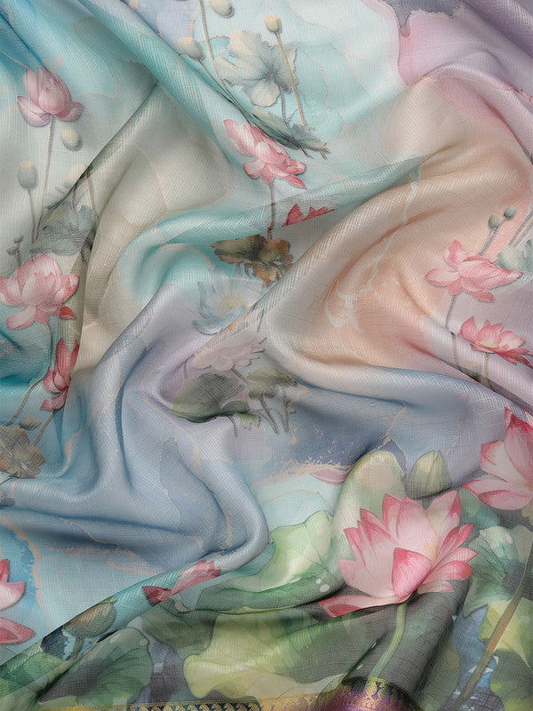 Multicolor Munga Silk Digital Print Floral Saree with Unstitched Blouse - Hiral Fashion | Swadesiicart