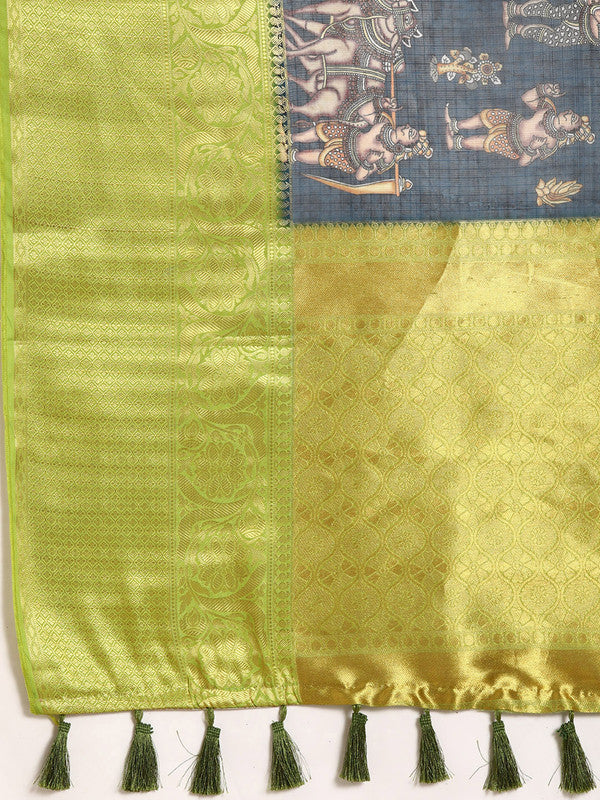Gray Munga Silk Digital Print Floral Saree with Unstitched Blouse - Hiral Fashion | Swadesiicart