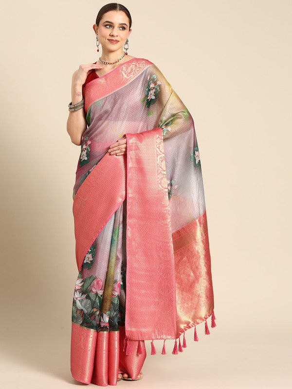 Multicolor Munga Silk Digital Print Floral Saree with Unstitched Blouse - Hiral Fashion | Swadesiicart