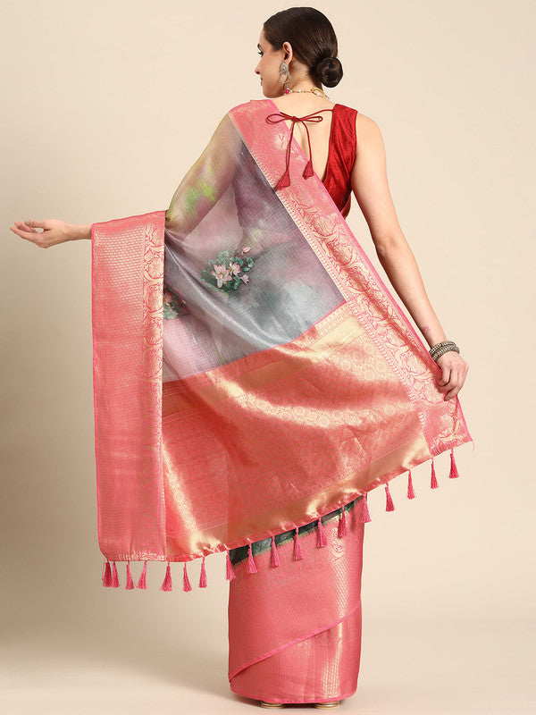 Multicolor Munga Silk Digital Print Floral Saree with Unstitched Blouse - Hiral Fashion | Swadesiicart