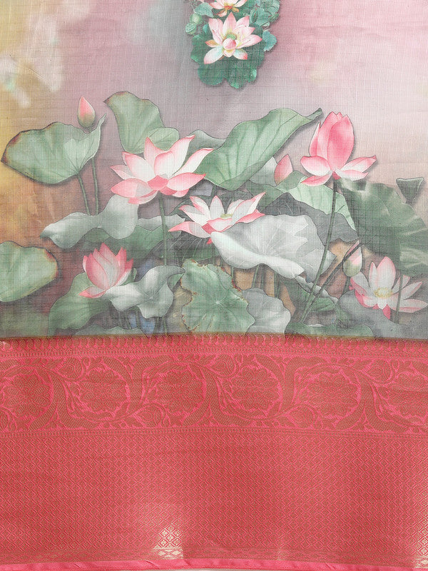 Multicolor Munga Silk Digital Print Floral Saree with Unstitched Blouse - Hiral Fashion | Swadesiicart