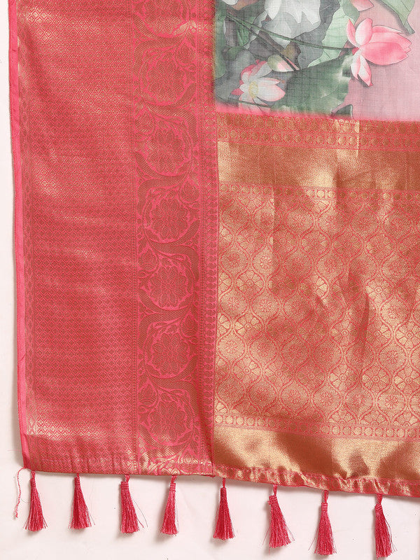 Multicolor Munga Silk Digital Print Floral Saree with Unstitched Blouse - Hiral Fashion | Swadesiicart