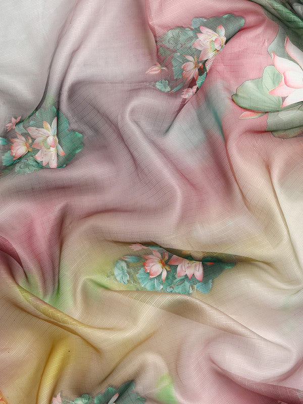Multicolor Munga Silk Digital Print Floral Saree with Unstitched Blouse - Hiral Fashion | Swadesiicart