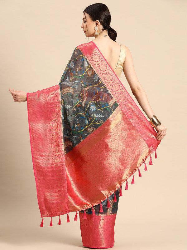 Gray Munga Silk Digital Print Floral Saree with Unstitched Blouse - Hiral Fashion | Swadesiicart