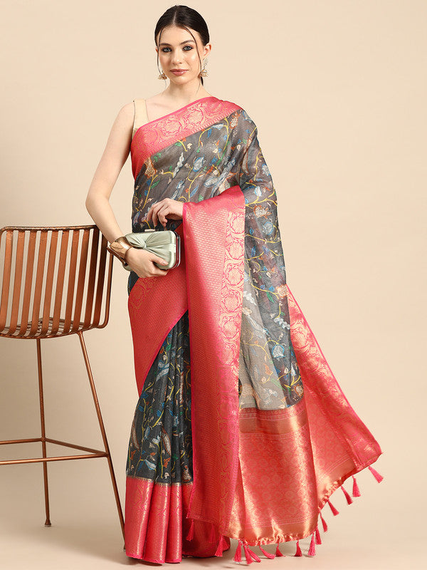 Gray Munga Silk Digital Print Floral Saree with Unstitched Blouse - Hiral Fashion | Swadesiicart