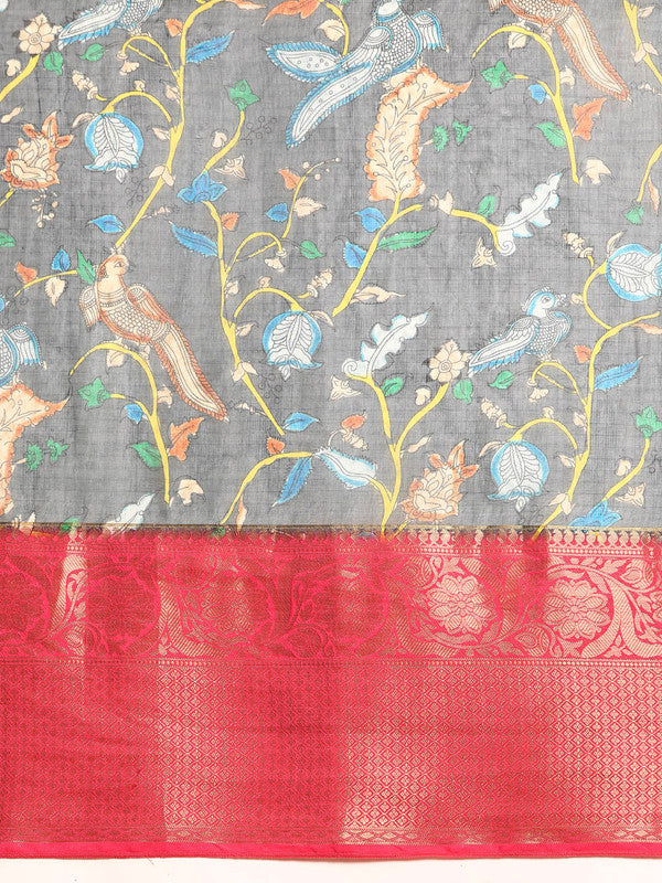 Gray Munga Silk Digital Print Floral Saree with Unstitched Blouse - Hiral Fashion | Swadesiicart