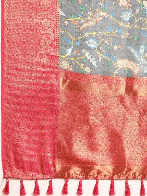 Gray Munga Silk Digital Print Floral Saree with Unstitched Blouse - Hiral Fashion | Swadesiicart