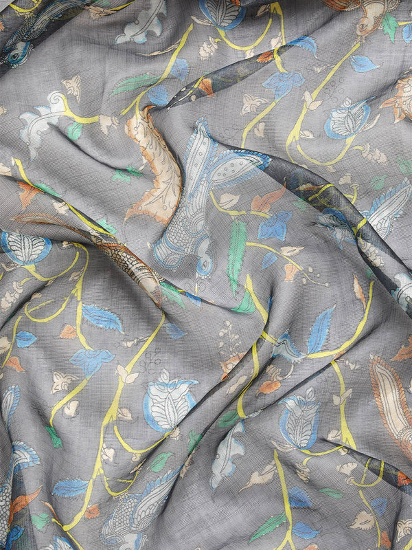 Gray Munga Silk Digital Print Floral Saree with Unstitched Blouse - Hiral Fashion | Swadesiicart
