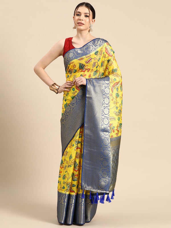 Yellow Munga Silk Digital Print Floral Saree with Unstitched Blouse - Hiral Fashion | Swadesiicart