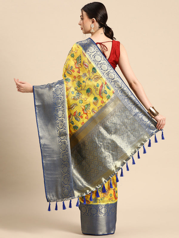 Yellow Munga Silk Digital Print Floral Saree with Unstitched Blouse - Hiral Fashion | Swadesiicart