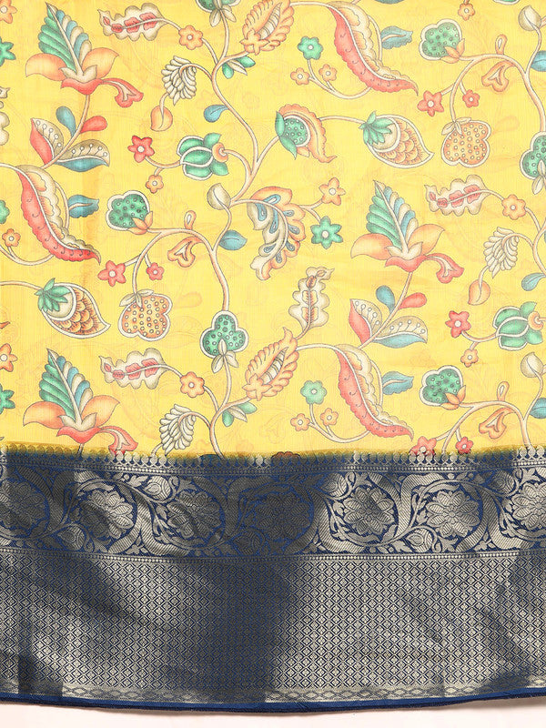 Yellow Munga Silk Digital Print Floral Saree with Unstitched Blouse - Hiral Fashion | Swadesiicart