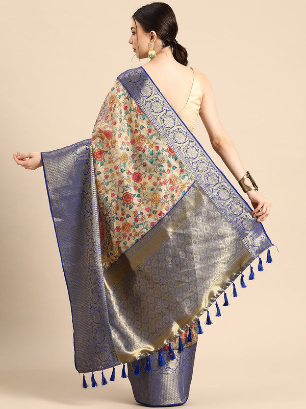 Beige Munga Silk Digital Print Floral Saree with Unstitched Blouse - Hiral Fashion | Swadesiicart