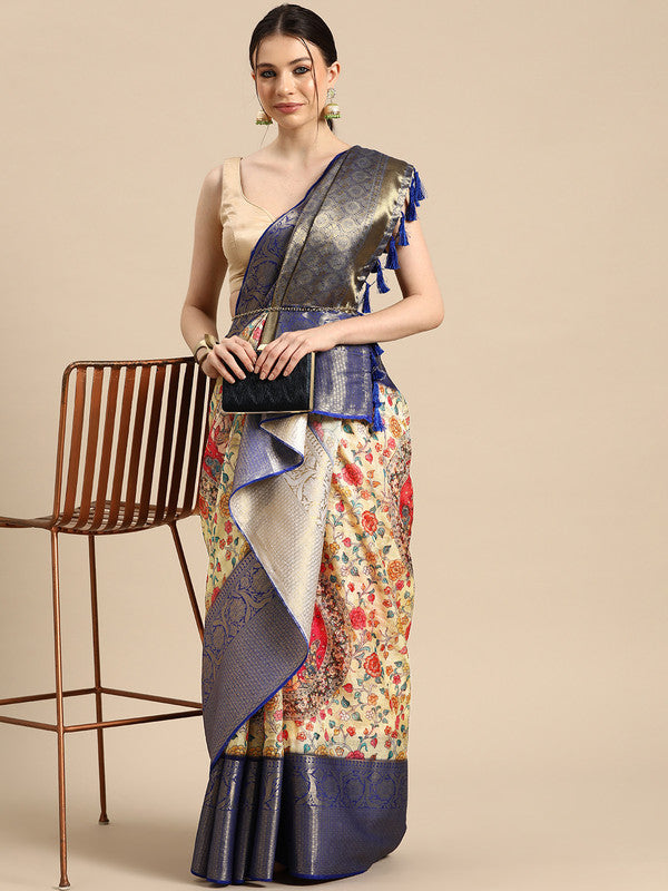 Beige Munga Silk Digital Print Floral Saree with Unstitched Blouse - Hiral Fashion | Swadesiicart
