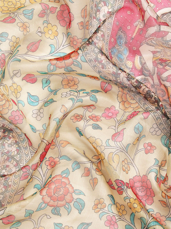 Beige Munga Silk Digital Print Floral Saree with Unstitched Blouse - Hiral Fashion | Swadesiicart