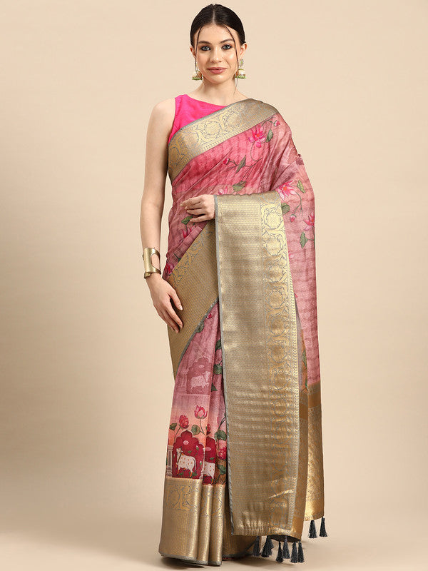 Beige Munga Silk Digital Print Floral Saree with Unstitched Blouse - Hiral Fashion | Swadesiicart