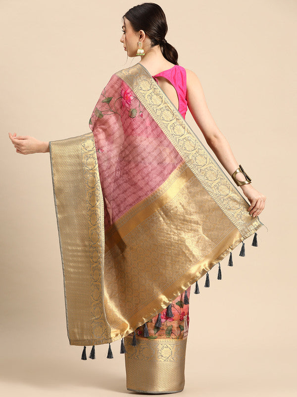 Beige Munga Silk Digital Print Floral Saree with Unstitched Blouse - Hiral Fashion | Swadesiicart