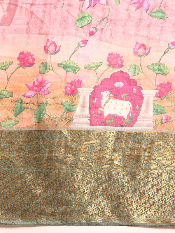 Beige Munga Silk Digital Print Floral Saree with Unstitched Blouse - Hiral Fashion | Swadesiicart