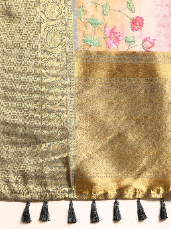 Beige Munga Silk Digital Print Floral Saree with Unstitched Blouse - Hiral Fashion | Swadesiicart