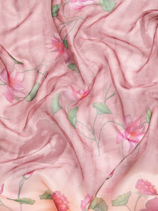 Beige Munga Silk Digital Print Floral Saree with Unstitched Blouse - Hiral Fashion | Swadesiicart