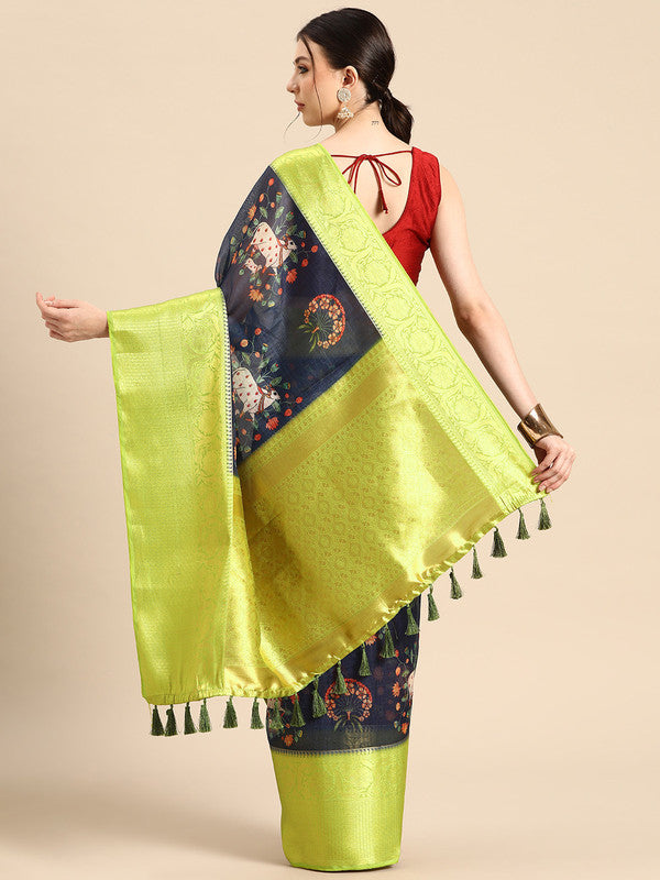 Navy Blue Munga Silk Digital Print Animal Print Saree with Unstitched Blouse - Hiral Fashion | Swadesiicart