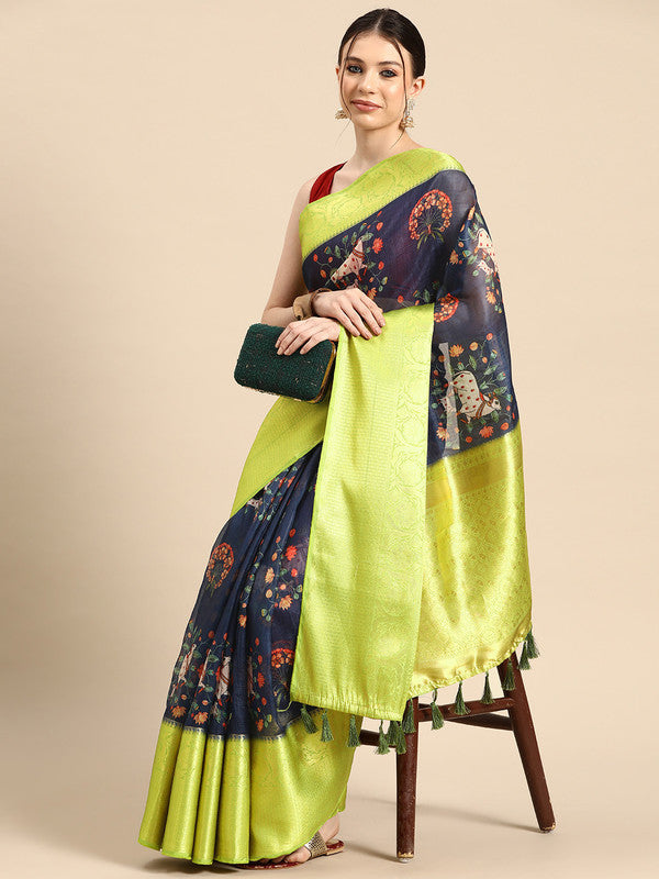 Navy Blue Munga Silk Digital Print Animal Print Saree with Unstitched Blouse - Hiral Fashion | Swadesiicart