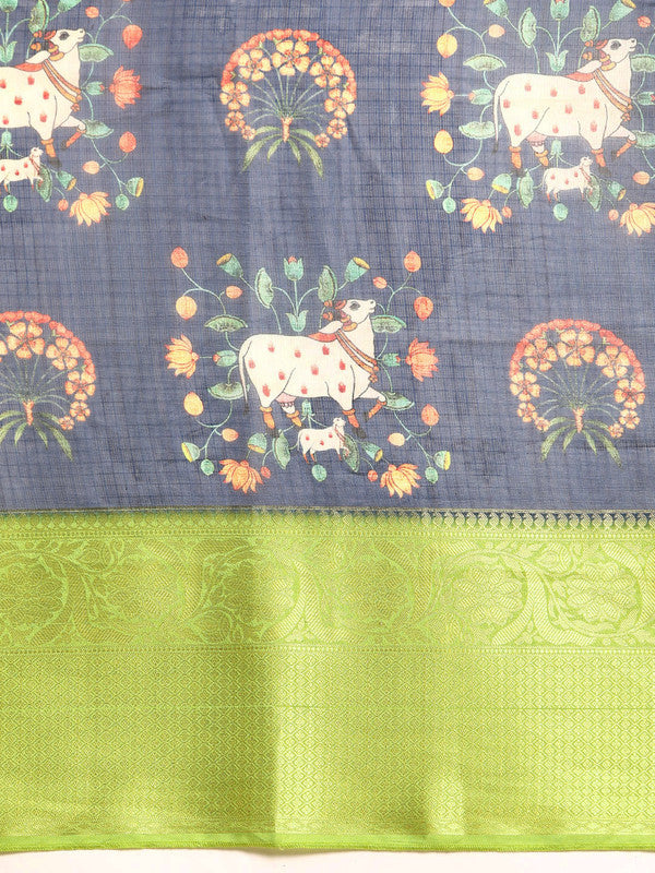 Navy Blue Munga Silk Digital Print Animal Print Saree with Unstitched Blouse - Hiral Fashion | Swadesiicart