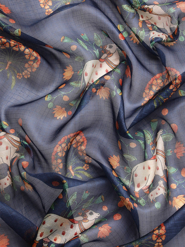 Navy Blue Munga Silk Digital Print Animal Print Saree with Unstitched Blouse - Hiral Fashion | Swadesiicart