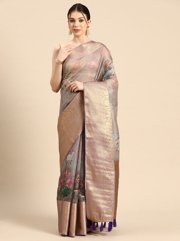 Gray Munga Silk Digital Print Kalamkari Saree with Unstitched Blouse - Hiral Fashion | Swadesiicart