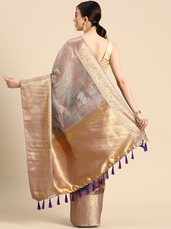 Gray Munga Silk Digital Print Kalamkari Saree with Unstitched Blouse - Hiral Fashion | Swadesiicart