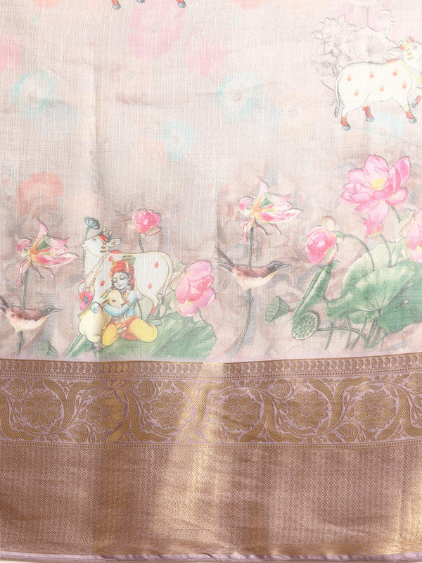Gray Munga Silk Digital Print Kalamkari Saree with Unstitched Blouse - Hiral Fashion | Swadesiicart