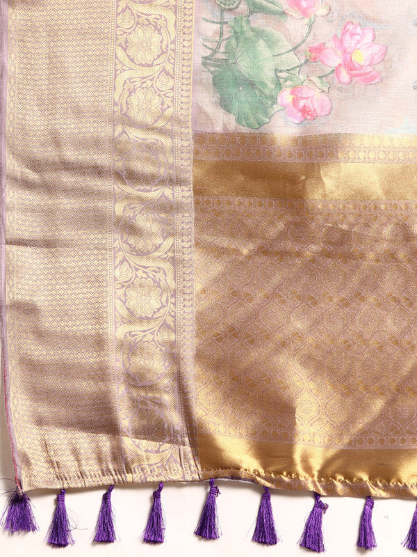Gray Munga Silk Digital Print Kalamkari Saree with Unstitched Blouse - Hiral Fashion | Swadesiicart