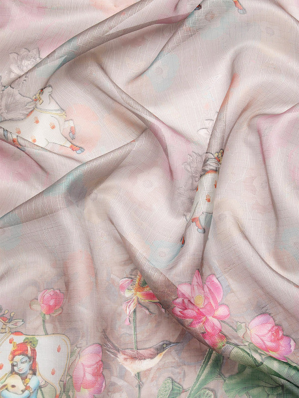 Gray Munga Silk Digital Print Kalamkari Saree with Unstitched Blouse - Hiral Fashion | Swadesiicart