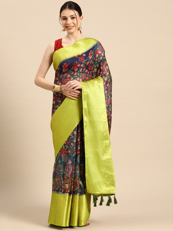Navy Blue Munga Silk Digital Print Kalamkari Saree with Unstitched Blouse - Hiral Fashion | Swadesiicart