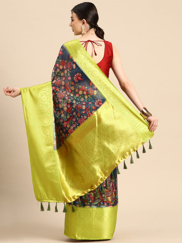Navy Blue Munga Silk Digital Print Kalamkari Saree with Unstitched Blouse - Hiral Fashion | Swadesiicart
