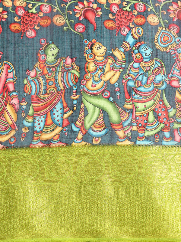 Navy Blue Munga Silk Digital Print Kalamkari Saree with Unstitched Blouse - Hiral Fashion | Swadesiicart