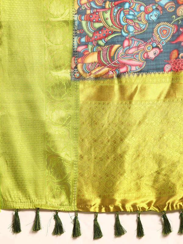 Navy Blue Munga Silk Digital Print Kalamkari Saree with Unstitched Blouse - Hiral Fashion | Swadesiicart