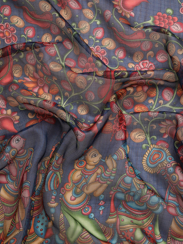 Navy Blue Munga Silk Digital Print Kalamkari Saree with Unstitched Blouse - Hiral Fashion | Swadesiicart