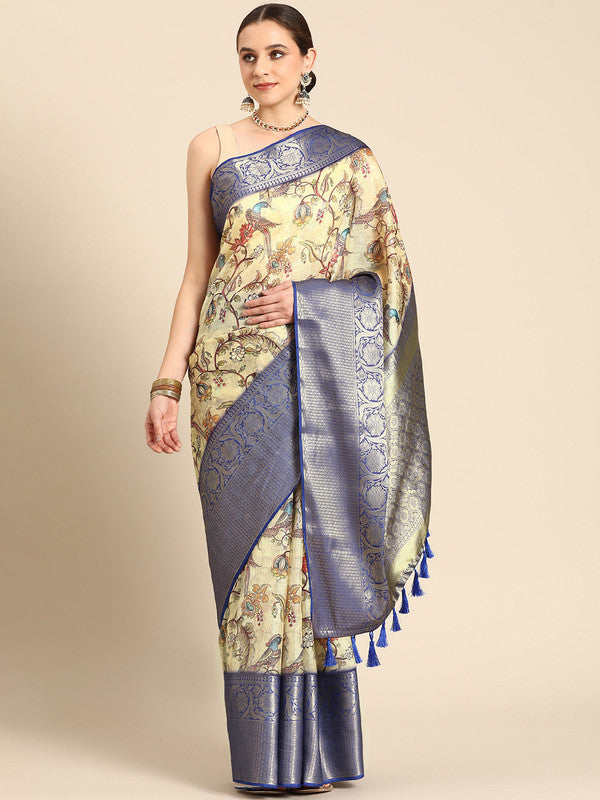 Beige Munga Silk Digital Print Kalamkari Saree with Unstitched Blouse - Hiral Fashion | Swadesiicart
