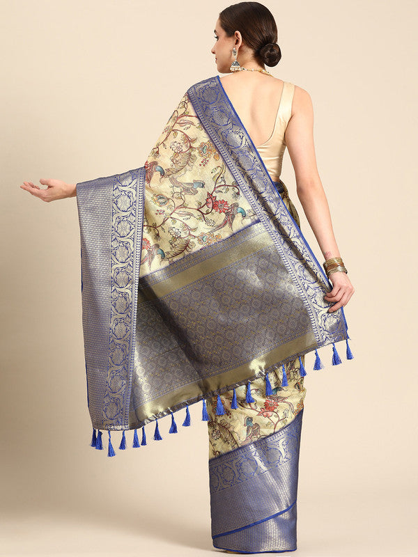 Beige Munga Silk Digital Print Kalamkari Saree with Unstitched Blouse - Hiral Fashion | Swadesiicart