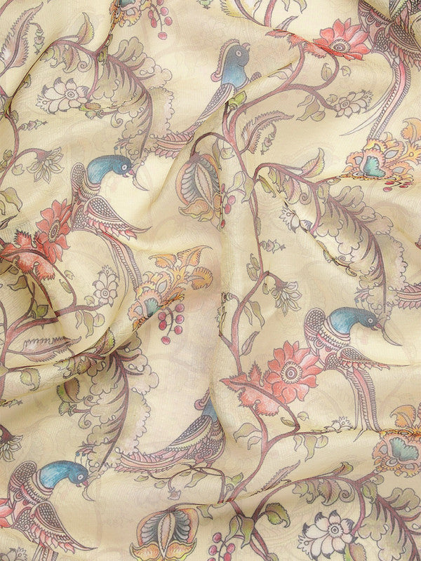 Beige Munga Silk Digital Print Kalamkari Saree with Unstitched Blouse - Hiral Fashion | Swadesiicart