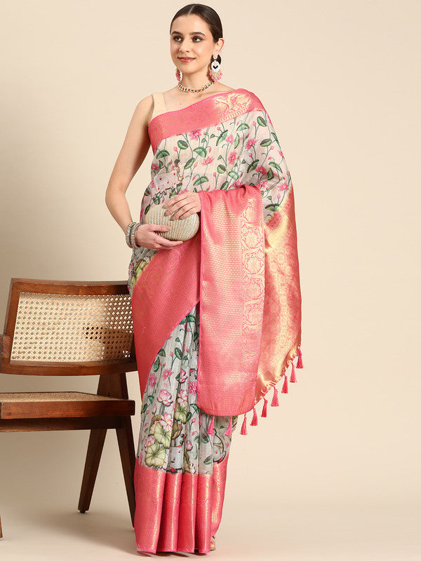 Beige Munga Silk Digital Print Kalamkari Saree with Unstitched Blouse - Hiral Fashion | Swadesiicart