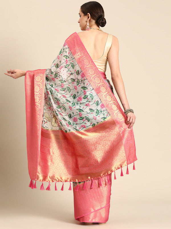 Beige Munga Silk Digital Print Kalamkari Saree with Unstitched Blouse - Hiral Fashion | Swadesiicart