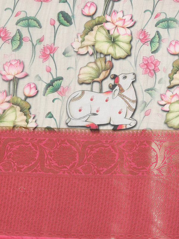 Beige Munga Silk Digital Print Kalamkari Saree with Unstitched Blouse - Hiral Fashion | Swadesiicart
