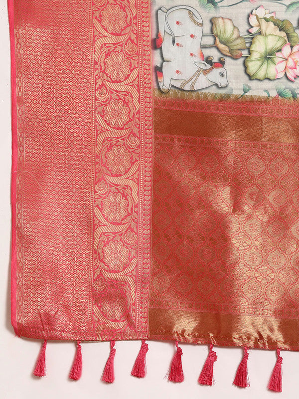 Beige Munga Silk Digital Print Kalamkari Saree with Unstitched Blouse - Hiral Fashion | Swadesiicart