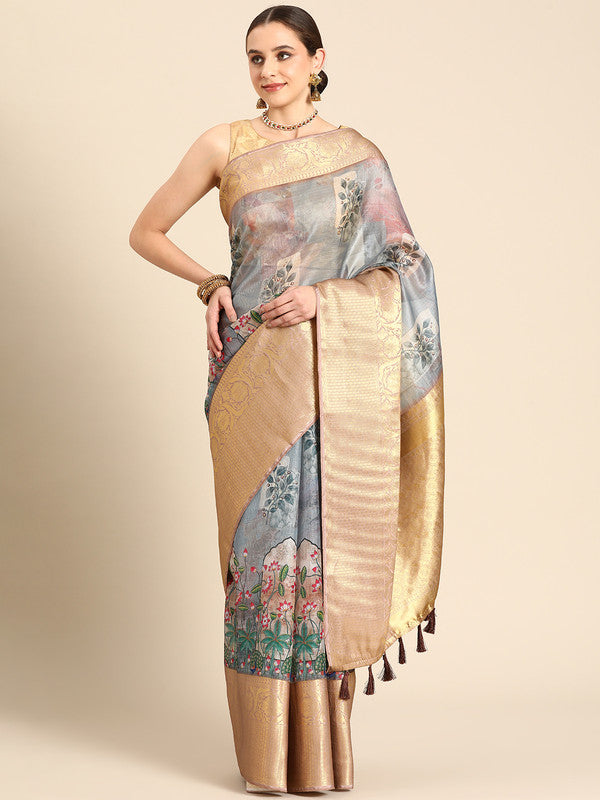 Gray Munga Silk Digital Print Kalamkari Saree with Unstitched Blouse - Hiral Fashion | Swadesiicart
